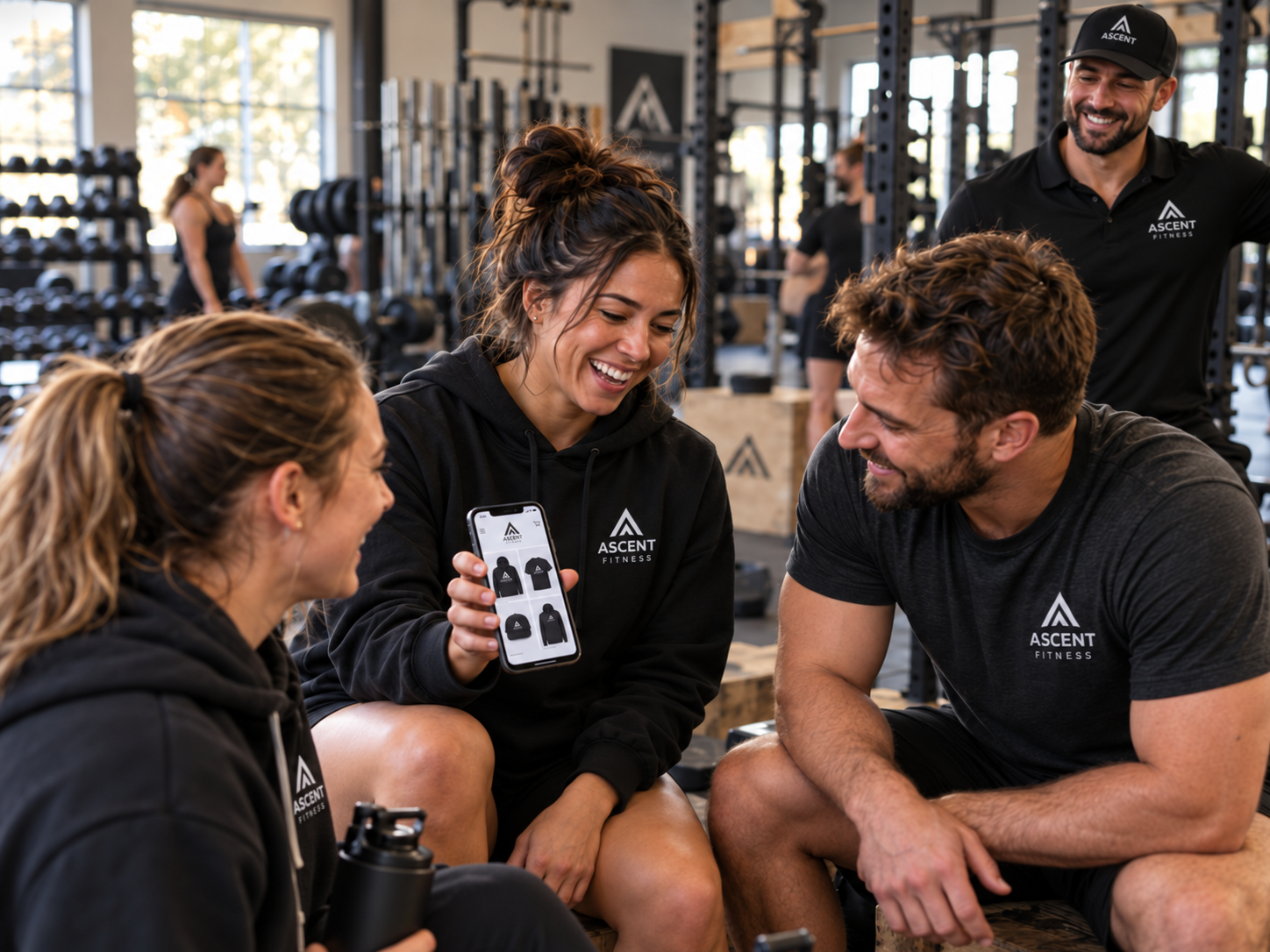 A coach and members training in a bright gym, wearing matching black gym tees and a hoodie