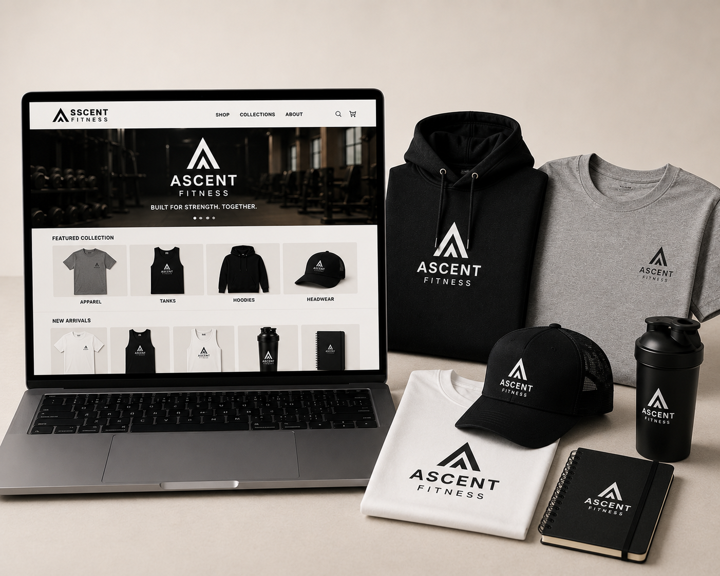 A gym's own branded online store shown on a laptop, surrounded by its hoodies, tees, hats, and gear
