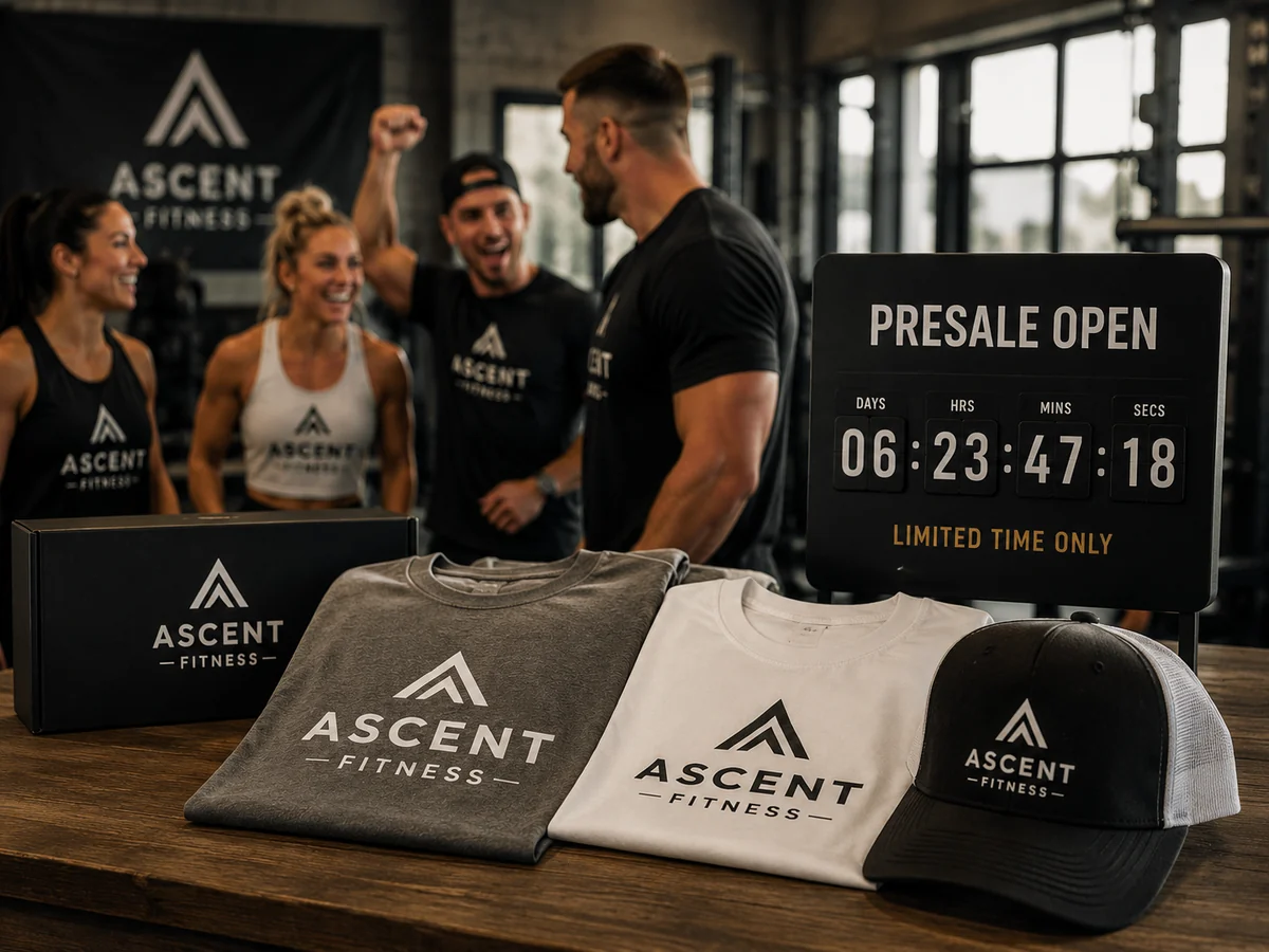 Gym members celebrating a presale with merch and a countdown clock