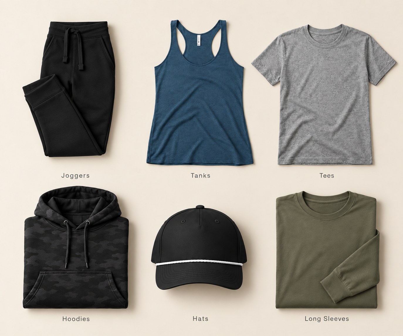 A folded flat lay of gym apparel: black joggers, an indigo tank, a gray tee, a black camo hoodie, a black rope cap, and an olive long sleeve