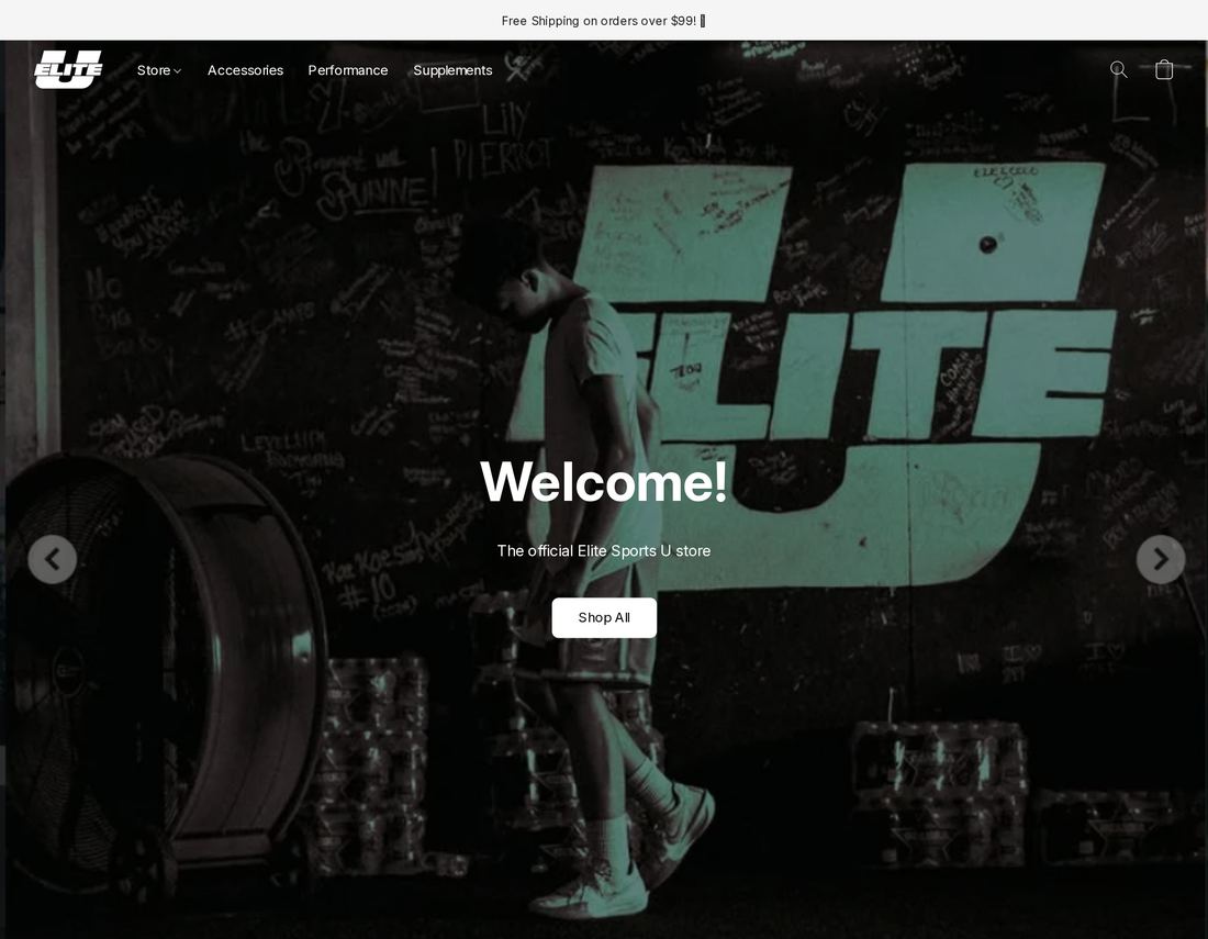 Elite Sports U store homepage with gym signage and Shop All button