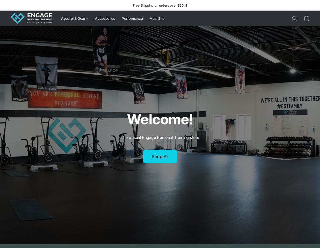 Engage Personal Training store homepage with a gym photo and Shop All button