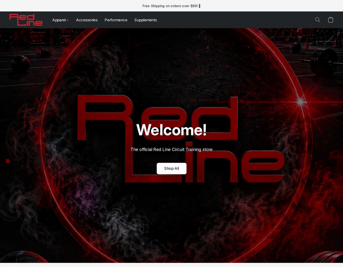 Red Line Training store homepage with a bold red backdrop and Shop All button