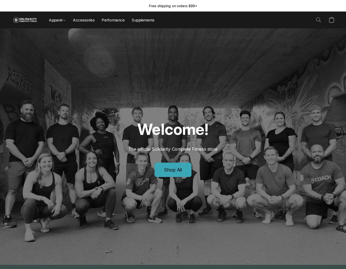 Solidarity Complete Fitness store homepage with a team photo and Shop All button